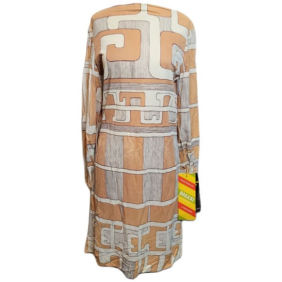 Vintage Dress Acetate Abstract Geometric Tan White Short Long Sleeve Sz 10 Tags - Picture 1 of 13